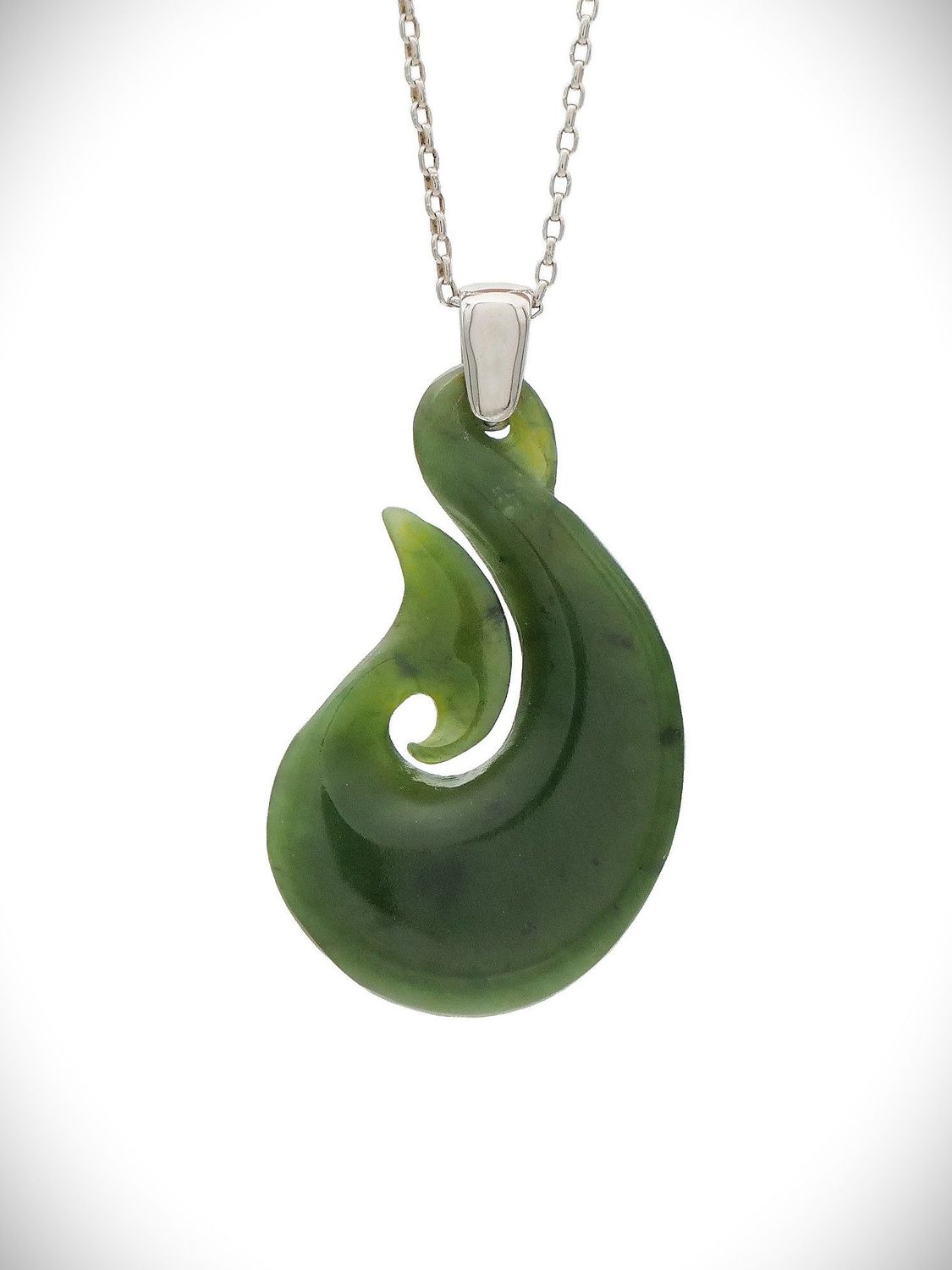 Moko Pounamu Hei Matau (Hook) NZ Genuine Kawakawa Greenstone & Sterling Silver - Ruapehu Moko Pounamu Hei Matau (Hook) NZ Genuine Kawakawa Greenstone & Sterling Silver - Ruapehu