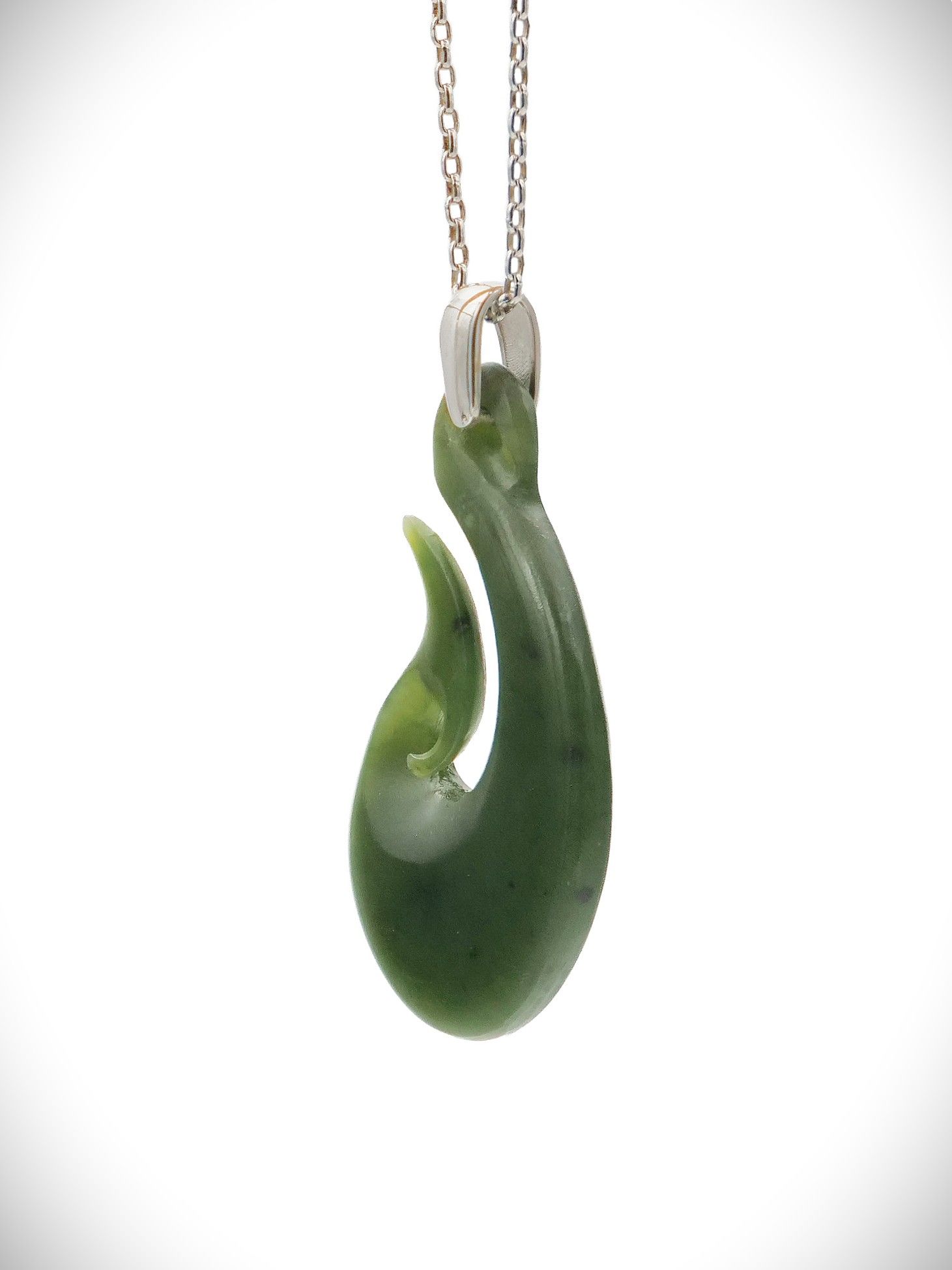 Moko Pounamu Hei Matau (Hook) NZ Genuine Kawakawa Greenstone & Sterling Silver - Ruapehu