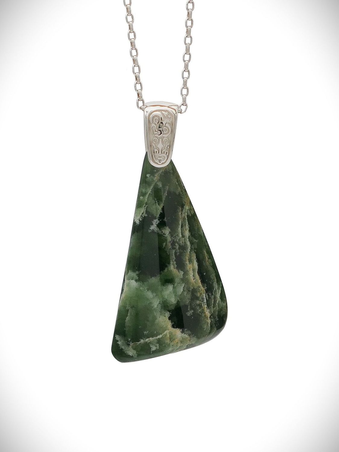 Moko Pounamu Kuru (Drop) NZ Genuine Kawakawa Flower Greenstone & Sterling Silver - Puketi