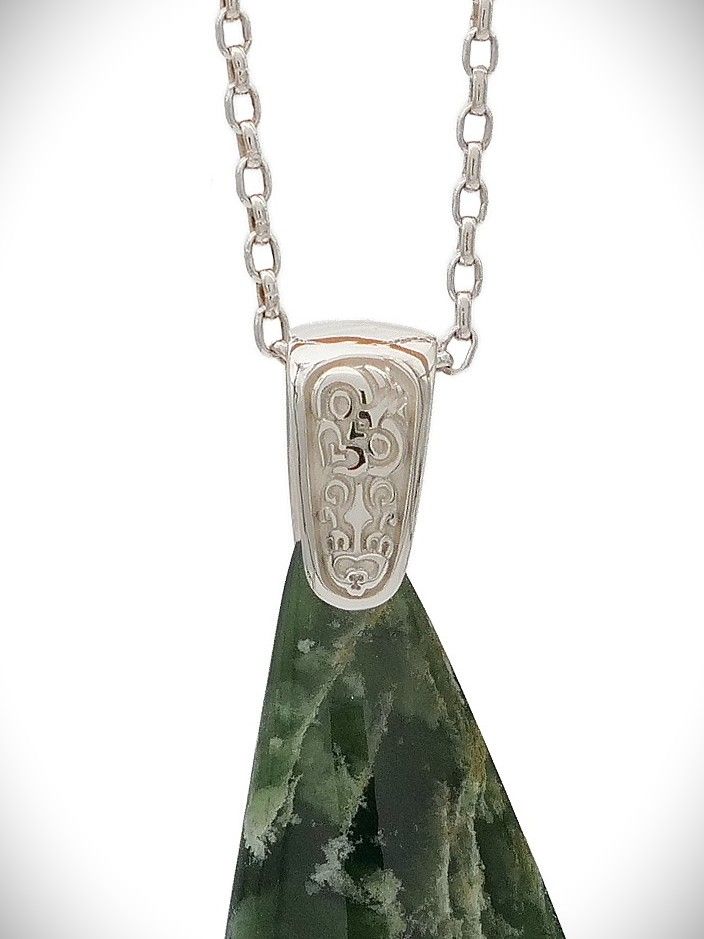 Moko Pounamu Kuru (Drop) NZ Genuine Kawakawa Flower Greenstone & Sterling Silver - Puketi