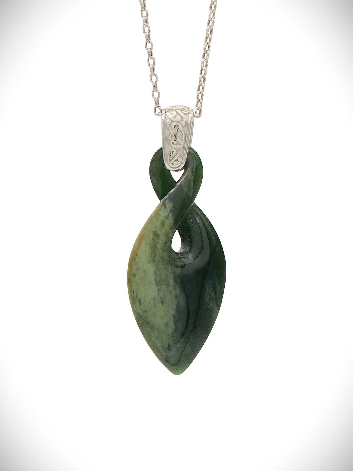 Moko Pounamu Single Pikorua (Twist) NZ Genuine Kawakawa Flower Greenstone and Sterling Silver  - Tawero