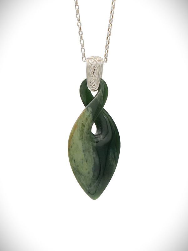 Moko Pounamu Single Pikorua (Twist) NZ Genuine Kawakawa Flower Greenstone and Sterling Silver  - Tawero