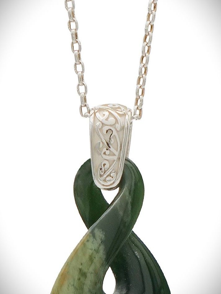 Moko Pounamu Single Pikorua (Twist) NZ Genuine Kawakawa Flower Greenstone and Sterling Silver - Tawero