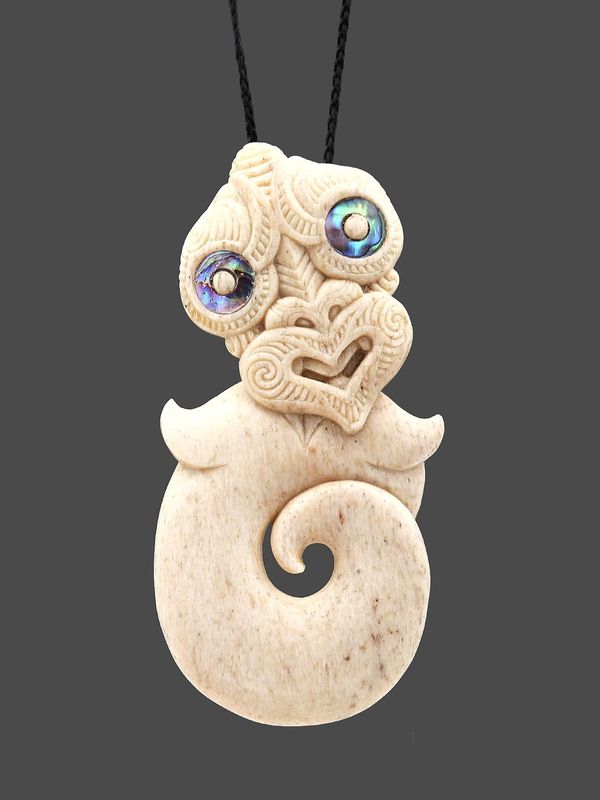 Moko Pounamu Hei Tiki Genuine Whale Bone - Tuahine Moko Pounamu Hei Tiki Genuine Whale Bone - Tuahine