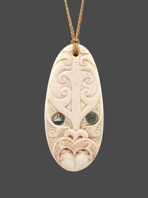 Moko Pounamu Guardian Mask Genuine Whale Bone - Onewhero Moko Pounamu Guardian Mask Genuine Whale Bone - Onewhero