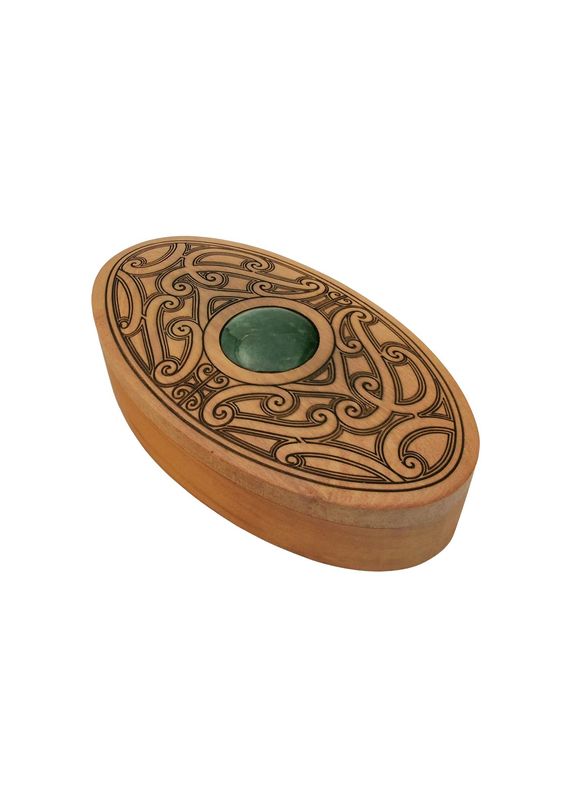 Moko Pounamu Wakahuia (Treasure box) Genuine NZ Kawakawa Greenstone & Rimu - Auripo