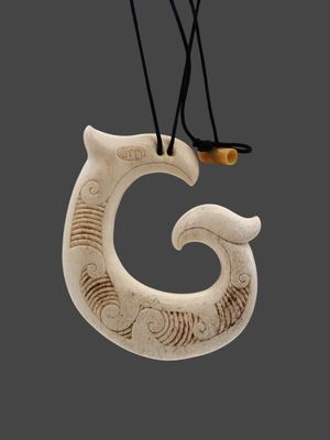 Moko Pounamu Hei Matau Genuine Whale Bone Carving - Waipapa Moko Pounamu Hei Matau Genuine Whale Bone Carving - Waipapa