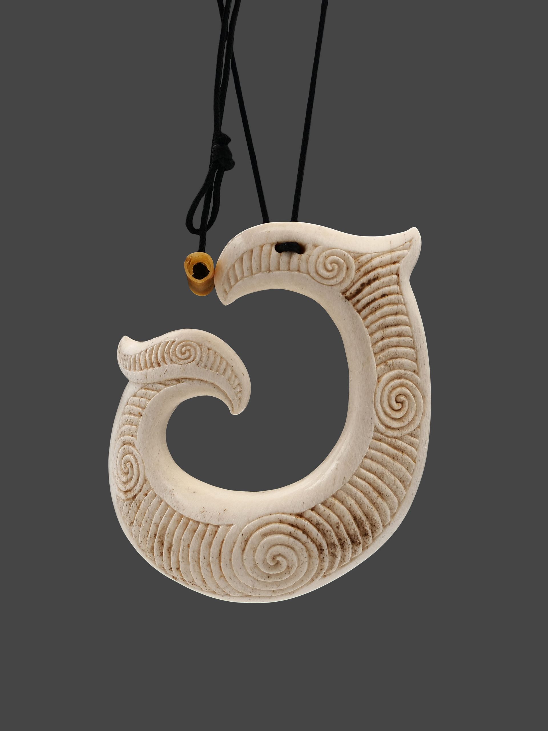 Moko Pounamu Hei Matau Genuine Whale Bone Carving - Waipapa