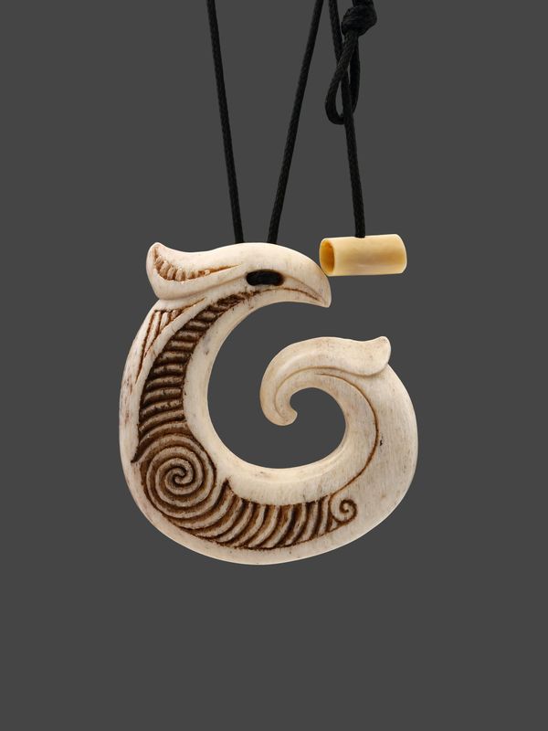 Moko Pounamu Hei Matau Genuine Whale Bone Carving - Ngataki