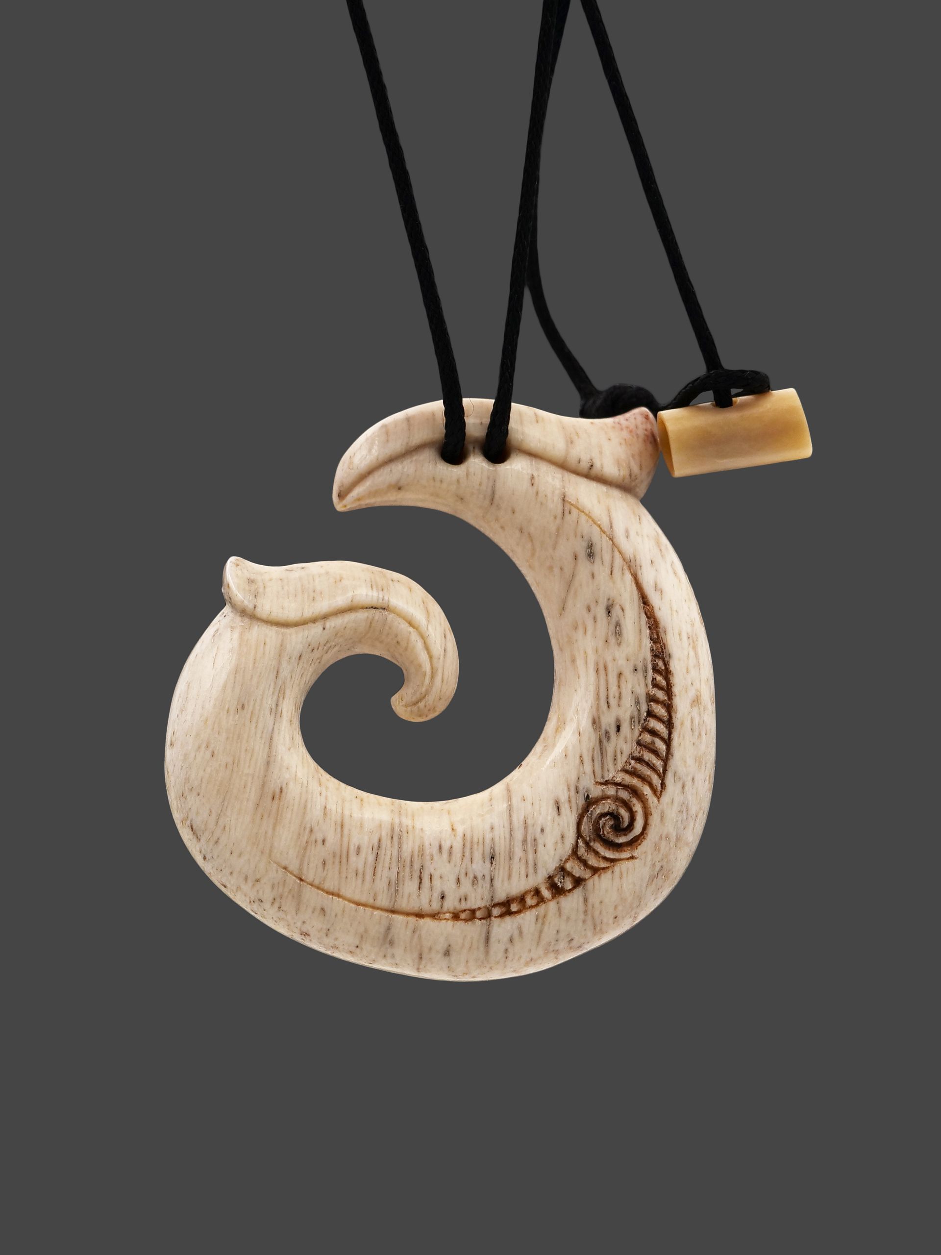 Moko Pounamu Hei Matau Genuine Whale Bone Carving - Ngataki