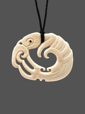 Moko Pounamu Koropepe Manaia Genuine Whale Bone Carving - Okuku Moko Pounamu Koropepe Manaia Genuine Whale Bone Carving - Okuku