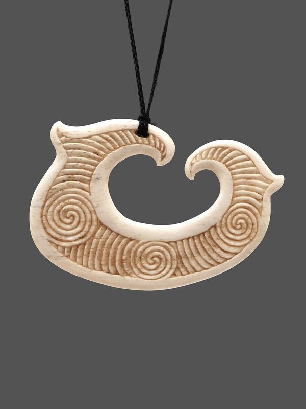 Moko Pounamu Hei Matau Genuine Whale Bone Carving - Tokanui