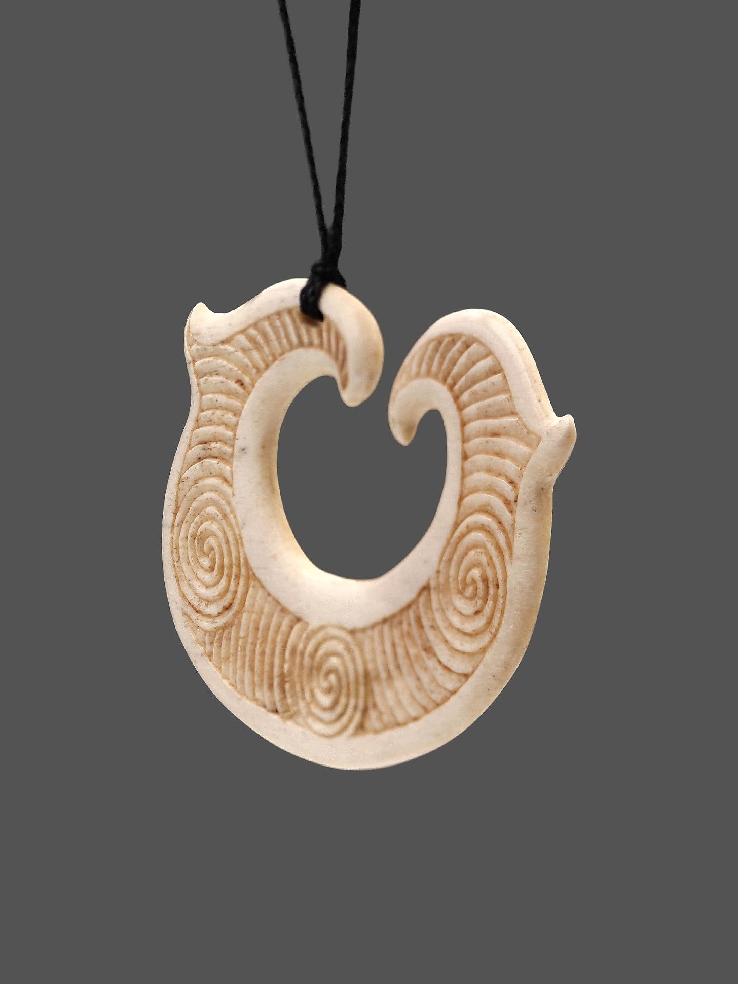 Moko Pounamu Hei Matau Genuine Whale Bone Carving - Tokanui