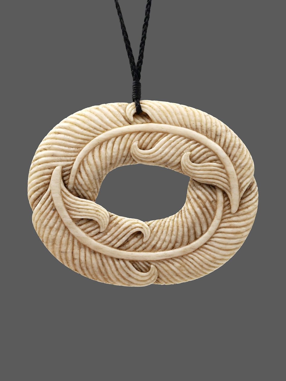 Moko Pounamu Huru (Feather) Genuine Whale Bone Carving - Karekare