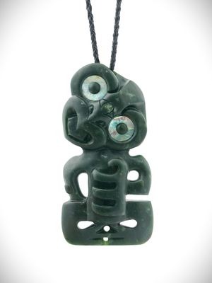 Moko Pounamu Hei Tiki NZ Genuine Kawakawa Greenstone - Nikau