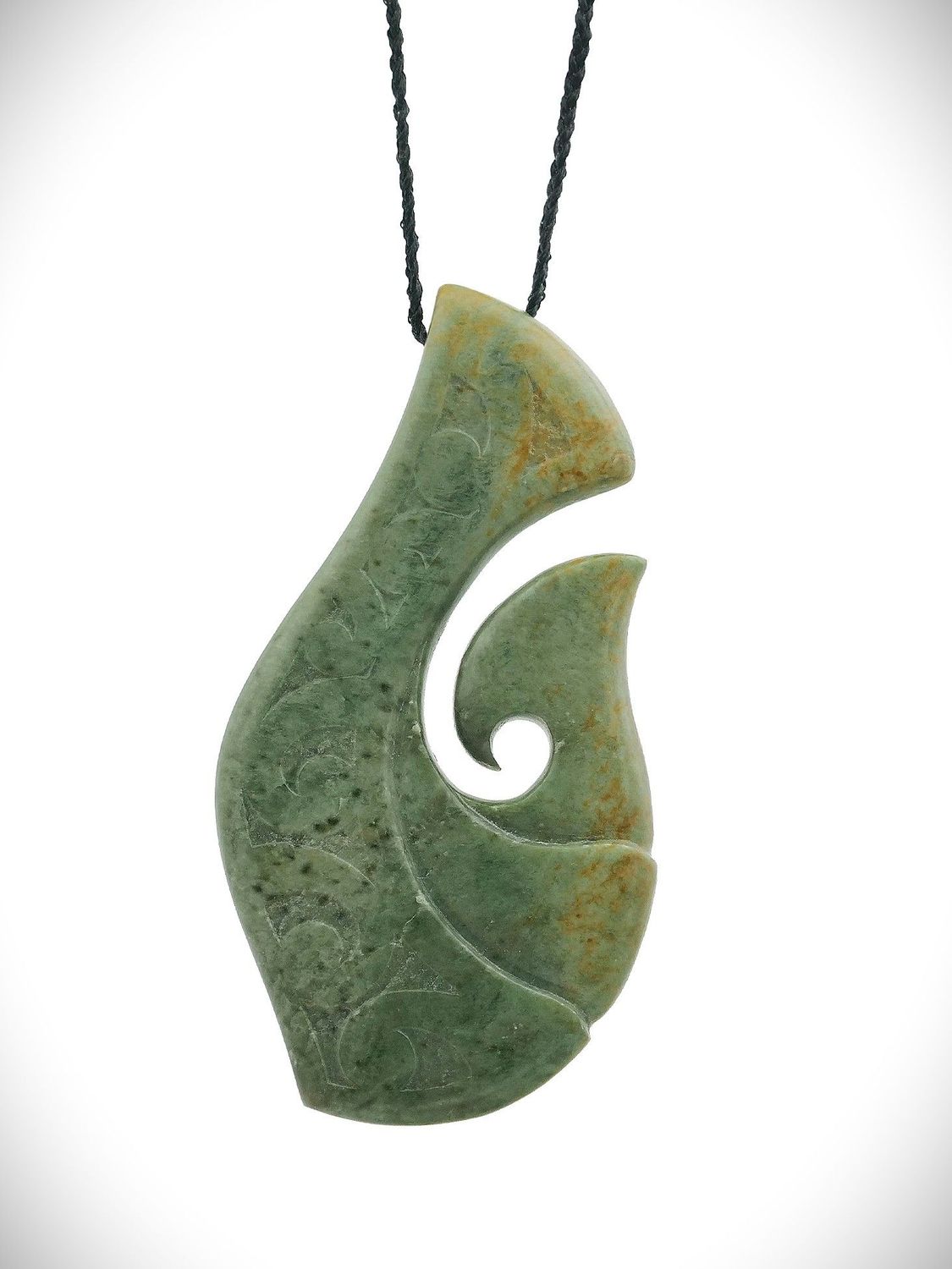Moko Pounamu Hei Matau (Hook) NZ Genuine Auhunga Greenstone - Whareponga Moko Pounamu Hei Matau (Hook) NZ Genuine Auhunga Greenstone - Whareponga