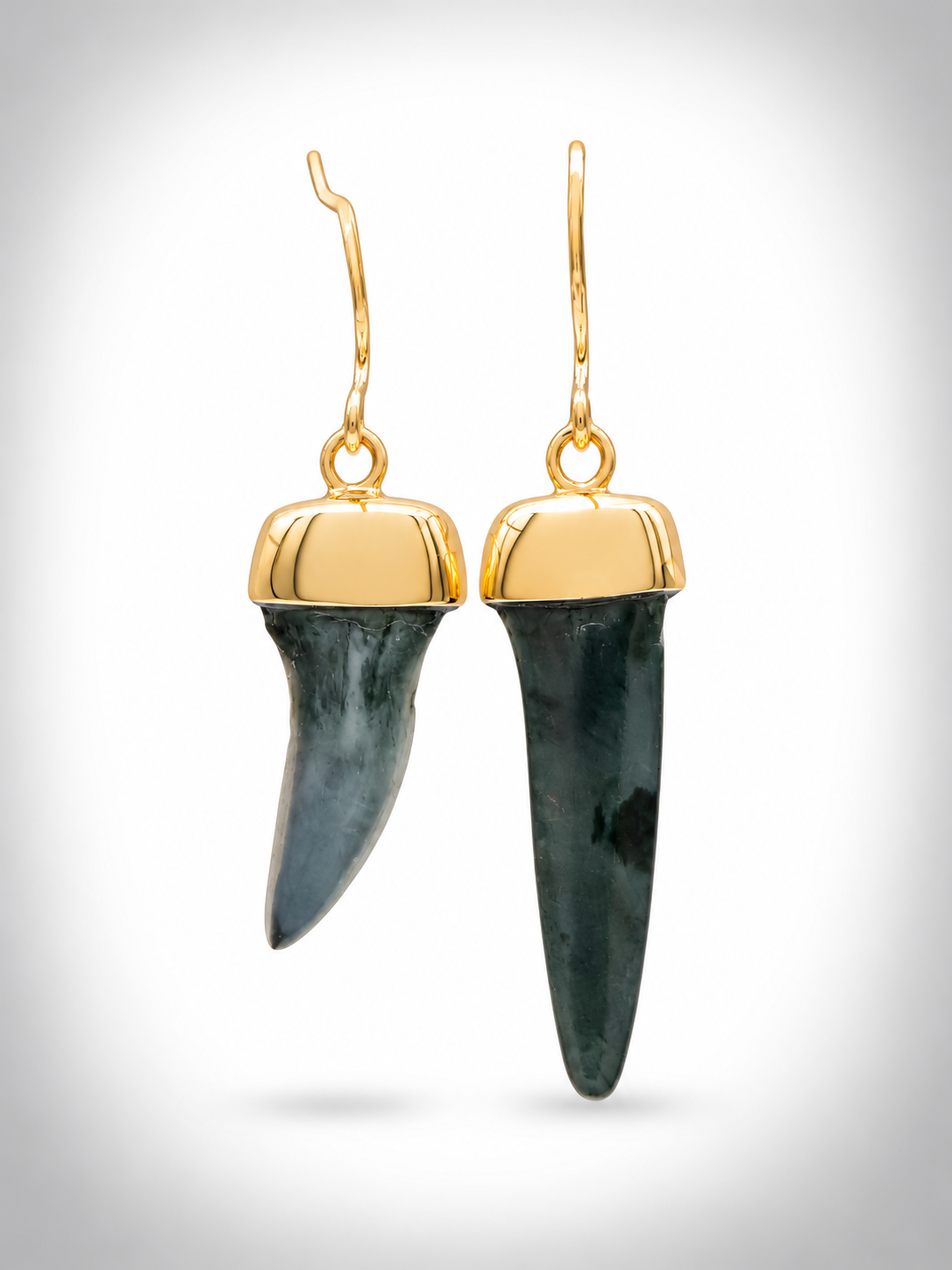 Moko Pounamu Genuine Fossilised Mako Sharks Tooth & 9ct Gold Drop Earrings - Marokopa