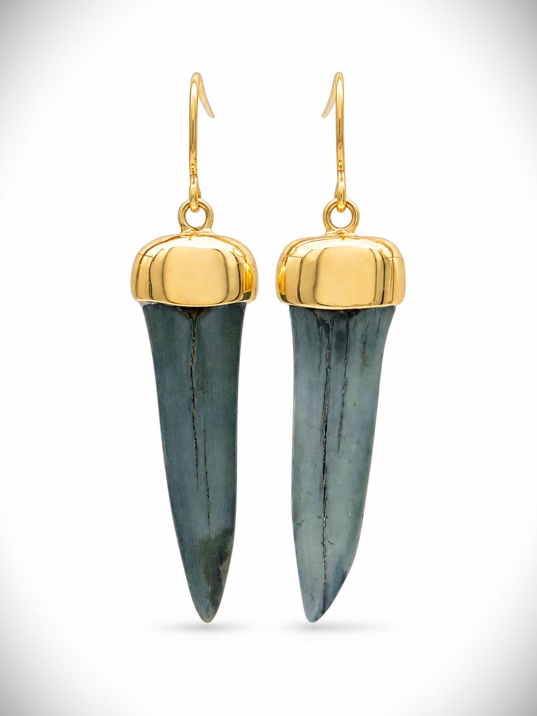 Moko Pounamu Genuine Fossilised Mako Sharks Tooth & 9ct Gold Drop Earrings - Waikawau Moko Pounamu Genuine Fossilised Mako Sharks Tooth & 9ct Gold Drop Earrings - Waikawau