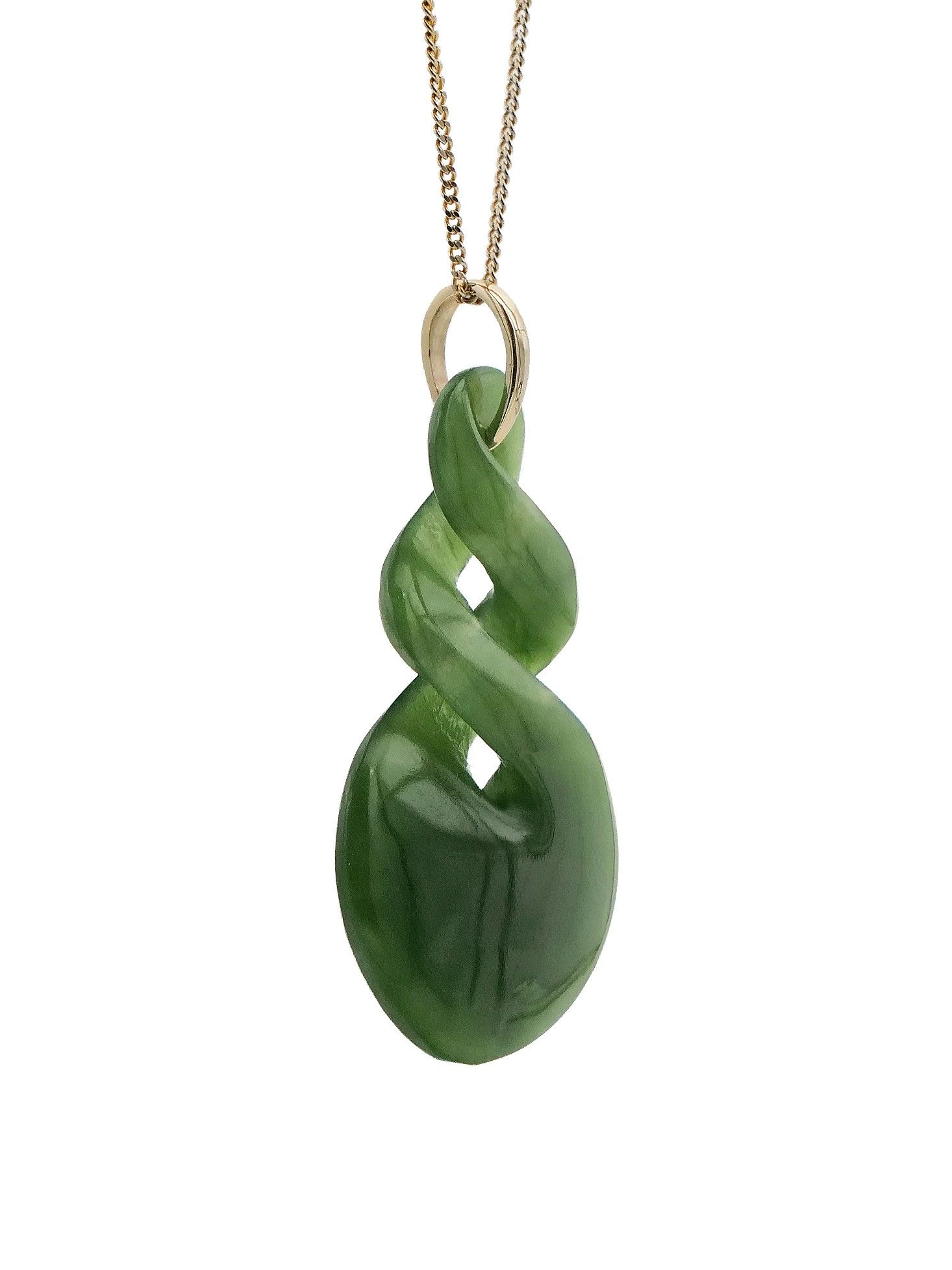 Moko Pounamu Double Pikorua (Twist) Genuine NZ Kahurangi Greenstone & 9ct Gold - Mangaiti