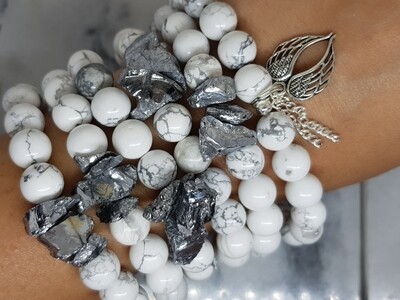 "White marble" Howlite bracelet stone with silver Iron  ore  Chunks focal