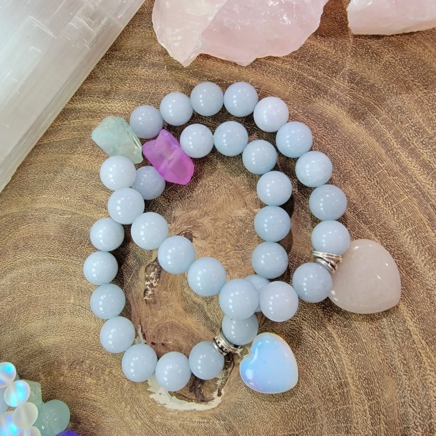 Aquamarine, clear quartz and rose quartz charms. Handcrafted bracelets with Raw focals - March birthstone. 