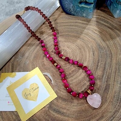 Magenta Tiger Eye necklace with rose quartz heart pendant with gold accents. Gift sets available with earrings and one bracelet.