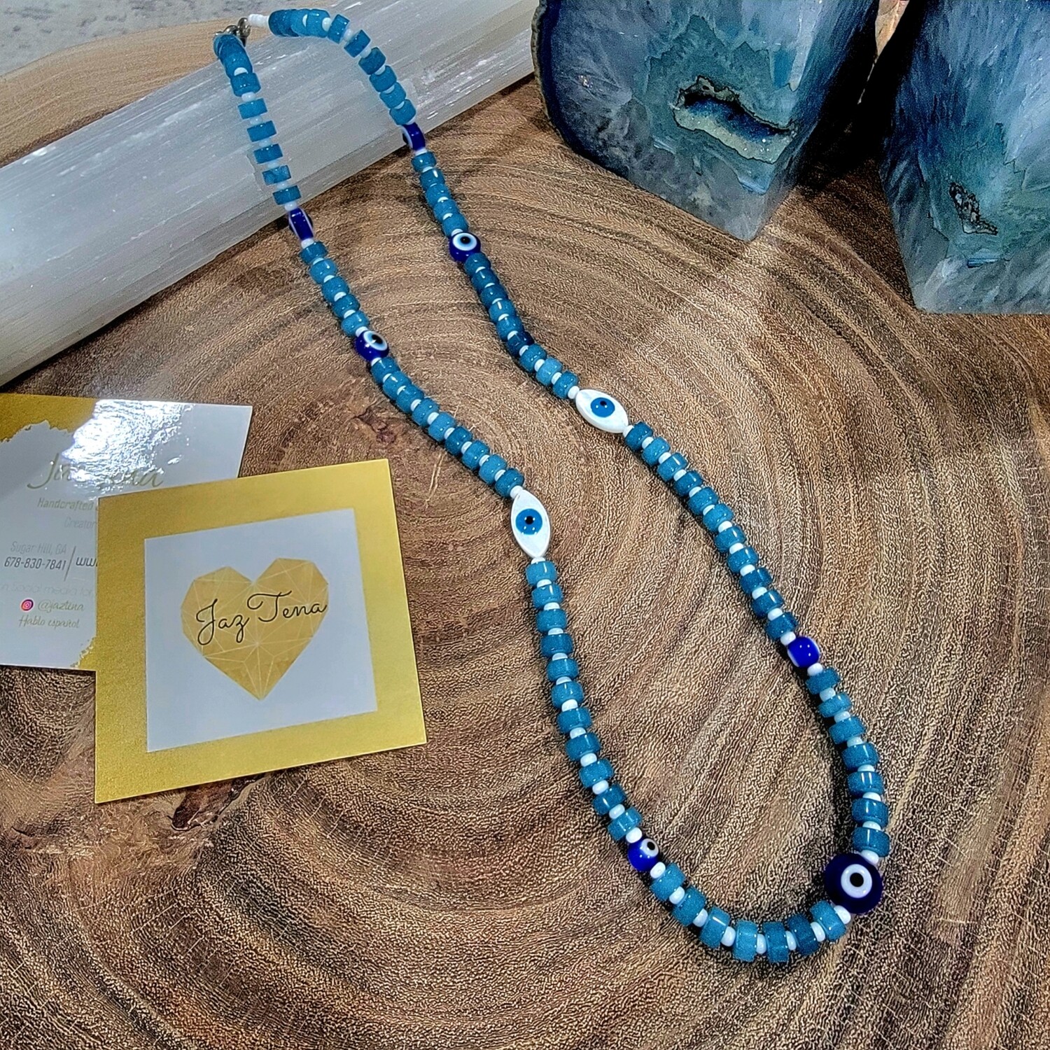 Aquamarine Natural Stone 3mm x 6mm Heishi Flat Beads necklace with lamp work evil eye and Blue Evil Eye shell Beads.