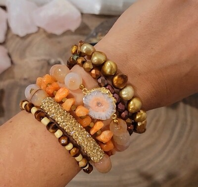Orange Solar Geode single bracelet with Fire agate beads and center geode.