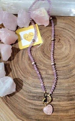 Rare Amethyst color necklace with rose quartz charm, wrap around wrist