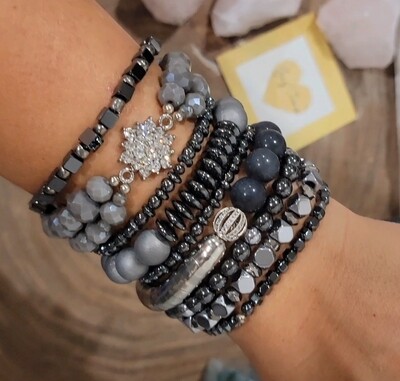 Shades of Gray stack. Made with hematites, agates, jade and crystals. 9 bracelets included.