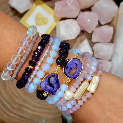 DRUZY & Solar quartz geode bracelets with genuine gemstone beads, opal for good energy.