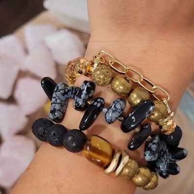Black and Gold set of 3. Snow obsidian, onyx, hematite, agates, lava and crystal.  Full stack as shown