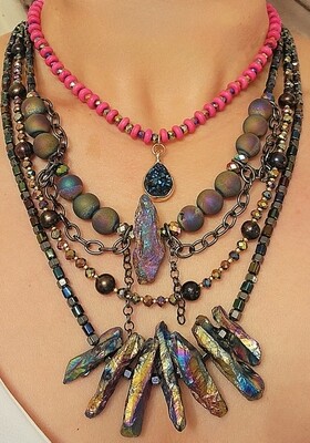 Necklace from "La catrina" collection. Black rainbow, gunmetal pearls, hematite rainbow  clusters, pink turquoise and druzy agates. 