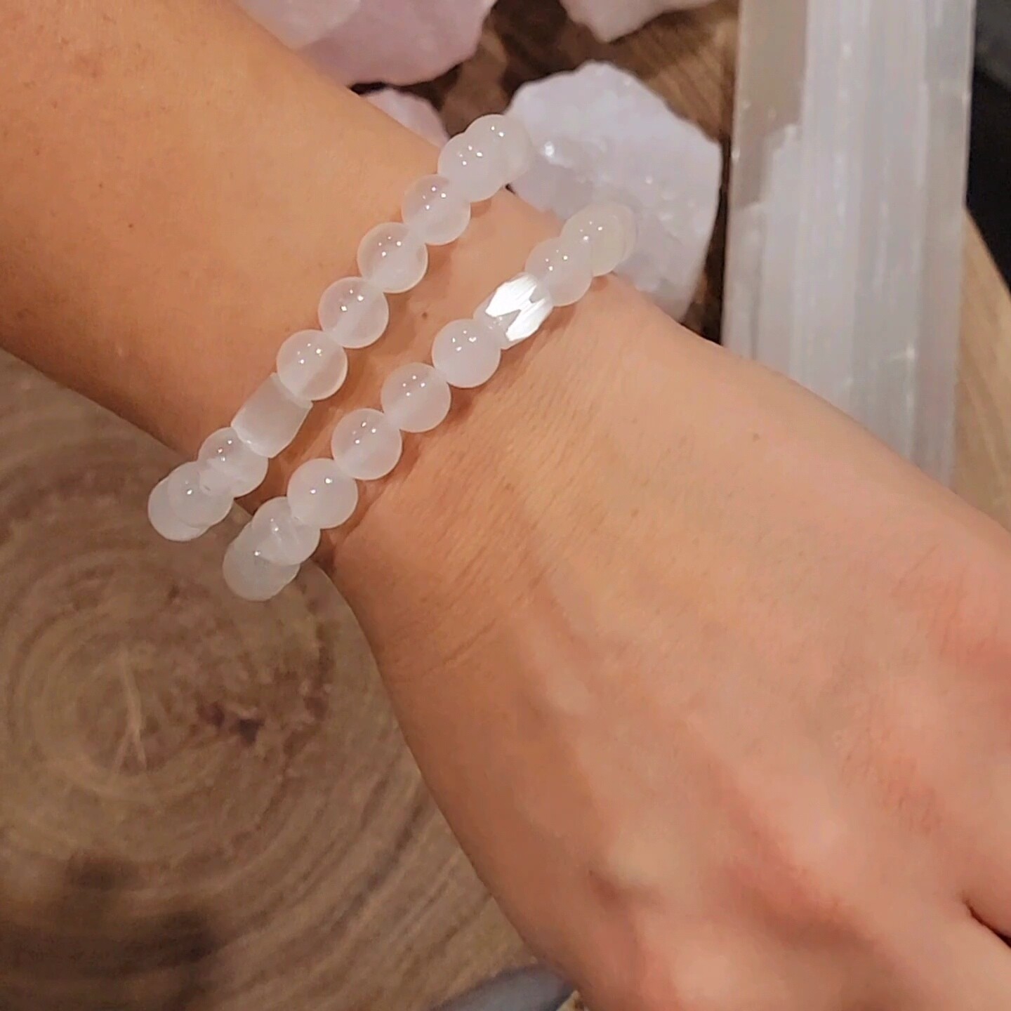 Selenite beaded bracelet with rare cylinder shaped selenite focal bead.