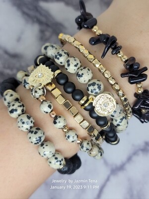 Dalmatian Jasper Energy Stone bracelet stack with black accents - 7 bracelets . Animal Print pattern bracelets.  Woman's Beaded bracelets. 2023 animal print. 13k Saves on Pinterest!!!!!