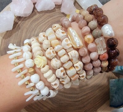 Fossils and skulls neutral bracelets. Beige tones, Skulls, bones and Coral beads. Individual bracelets. Make your own stack.