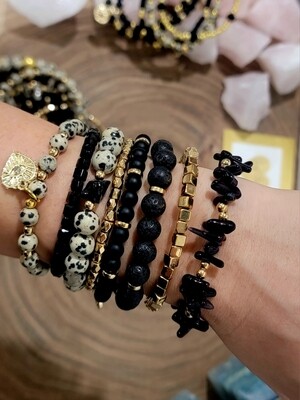 Dalmatian Jasper Energy Stone bracelets with Gold accents -  8 bracelets included. Animal Print patterns. Onyx and lava beads. 2023 stack, 13k Pinterest Saves!!!