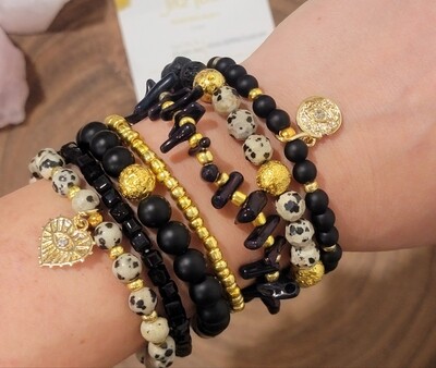 Dalmatian Jasper Energy Stone bracelet stack- Black and Yellow gold - 7 bracelets . Animal Print pattern bracelets. 14k Pinterest Saves!!!