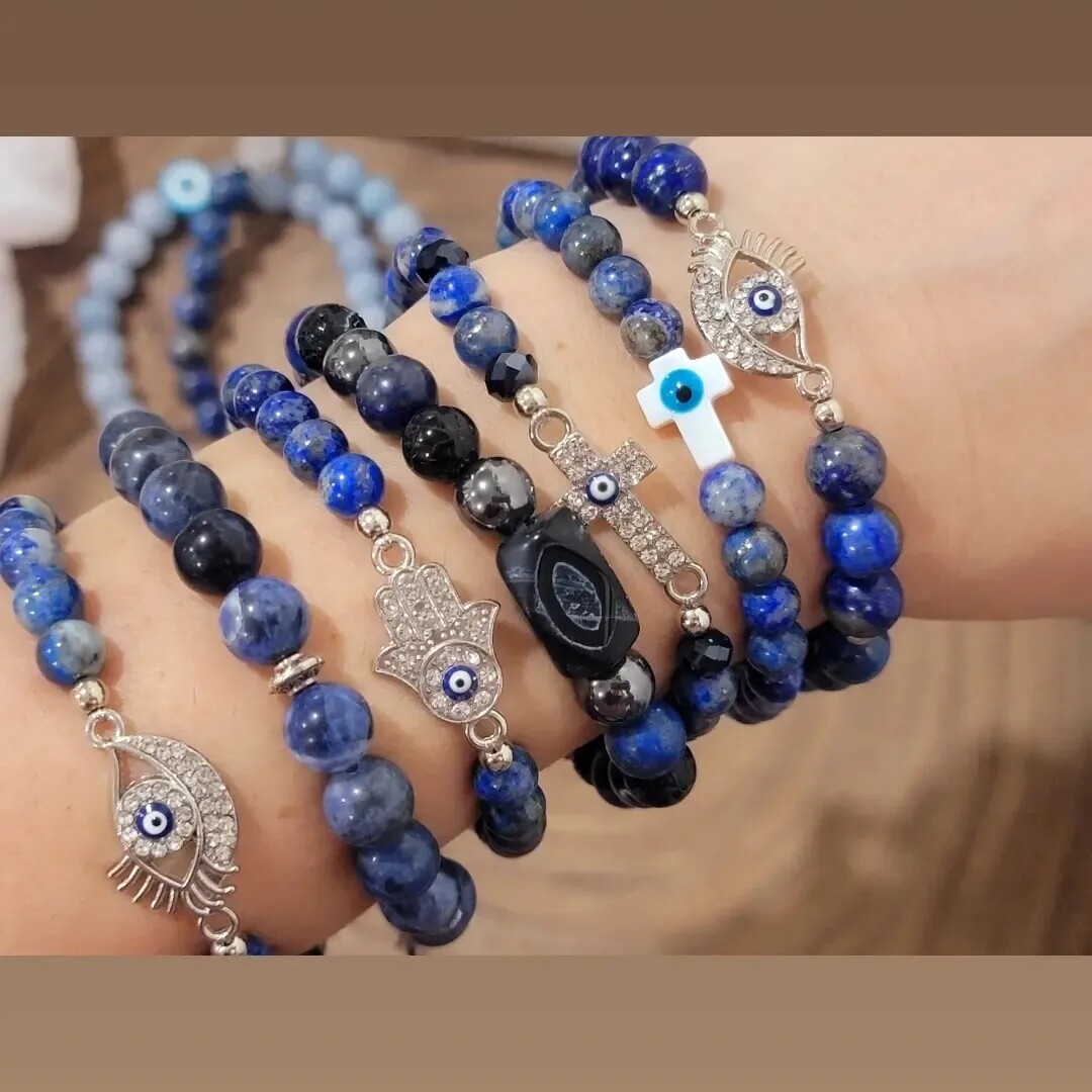 Evil eye gemstone bracelets with Lapis Lazuli and Aquamarine March birthstone. GOOD vibes crystals