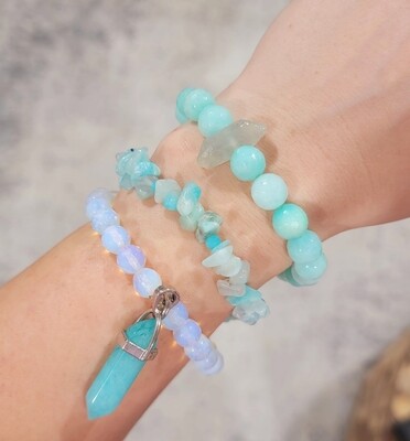 Aquamarine Jade faceted beads with focal crystal chunks Stack of 3 or Single bracelets