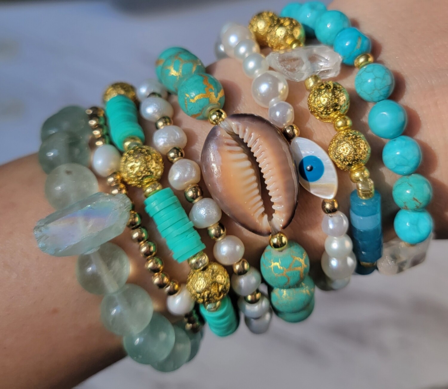 Shells Bracelet Collection. Summer turquoise vibes, natural beaded bracelets.