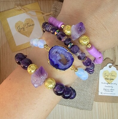 Deep Purple amethyst stack. Druzy geode charm with opal and amethyst mix bracelets