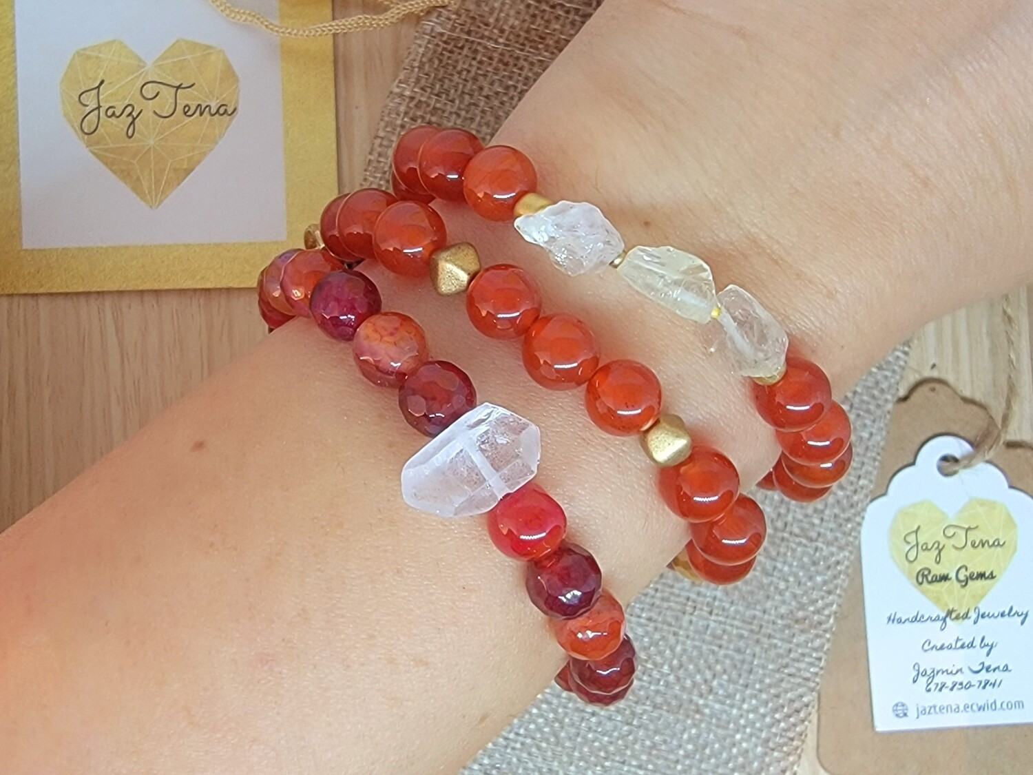Carnelian bracelet set with raw citrine crystals.