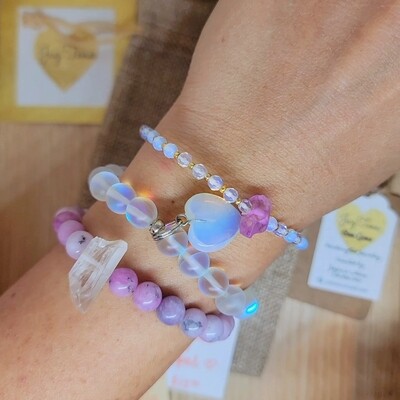 lavender turquoise stack. Lilac tones with mermaid glass, turquoise, crystal auras and opal beaded bracelets 
