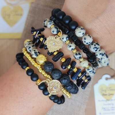 Dalmatian Jasper Energy Stone bracelet stack- Black and Yellow gold - 7 bracelets . Animal Print pattern bracelets. 14k Pinterest Saves!!!