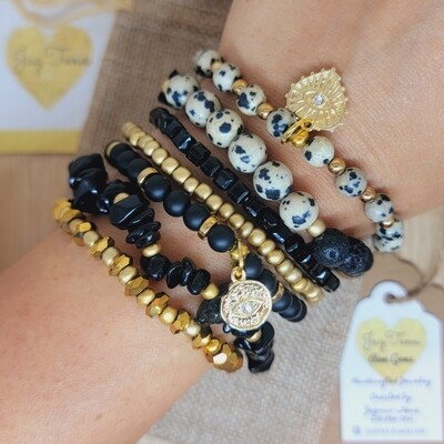 Dalmatian Jasper Energy Stone bracelets with Gold accents - 8 bracelets included. Animal Print patterns. Onyx and lava beads. 2023 stack, 13k Pinterest Saves!!!