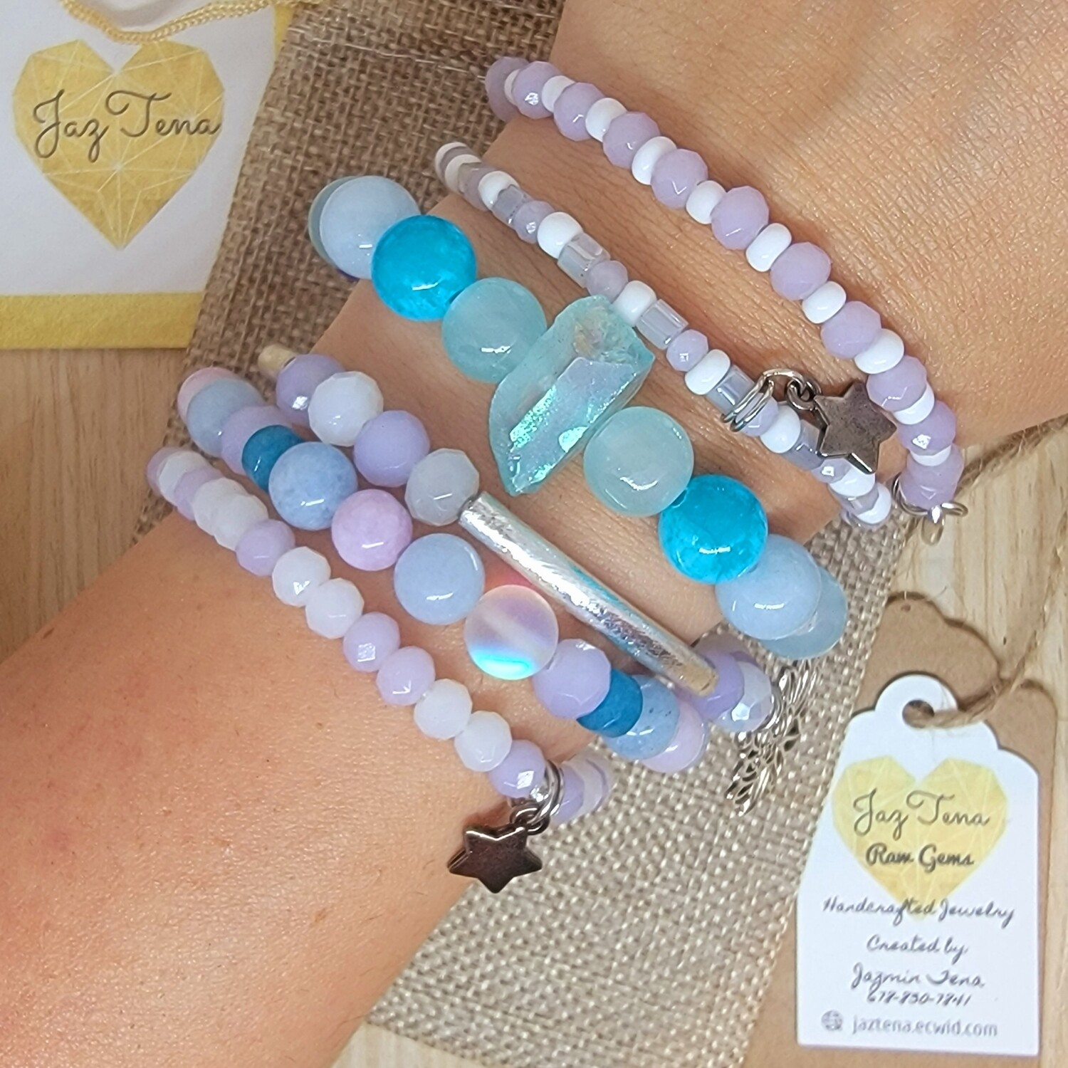 Mermaid stack with star and shell charms. Aquamarine, jade, ocean glass, mermaid glass and czeck crystals .