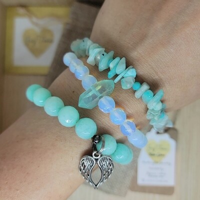 Aquamarine stack. Jade, aquamarine, and opal set of beaded bracelets