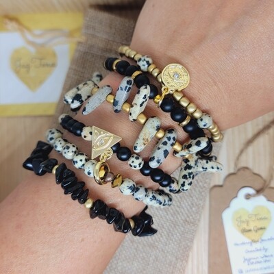 Restocked + Dalmatian Jasper Energy Stone bracelet stack- Black and gold - 7 bracelets . Animal Print pattern bracelets. 14k Pinterest Saves!!!