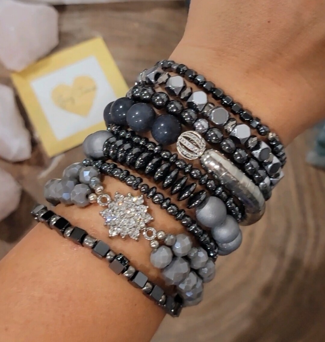Shades of Gray stack. Made with hematites, agates, jade and crystals. 9 bracelets included.